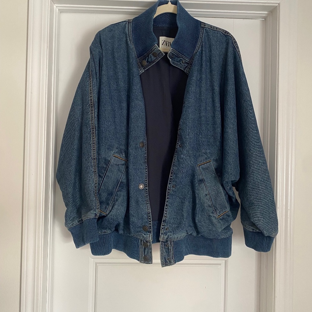 NWOT Zara ZW Dark Blue Denim Oversized Bomber Button Up Jacket Women XL